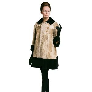 Vintage 60s Collins & Aikman Faux Fur Cap Double Breasted Gold Buttons DEADSTOCK